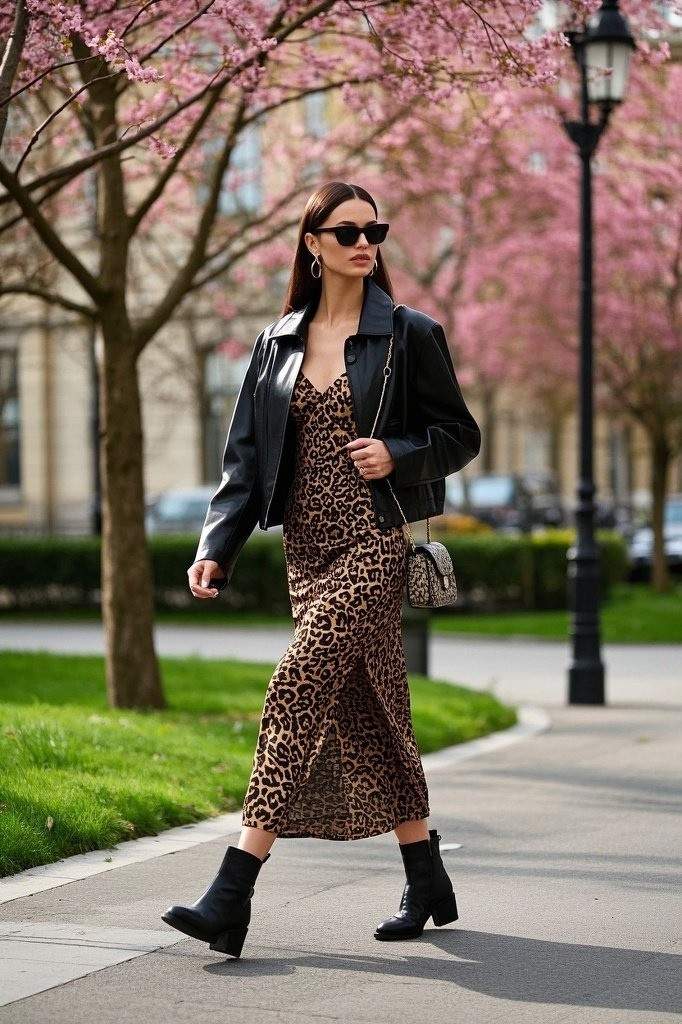 Leopard Print Slip Dress With Delicate Straps - Cropped Black Leather Jacket - Matching Black Ankle Boots - Subtle Hoop Earrings - Small Crossbody Bag