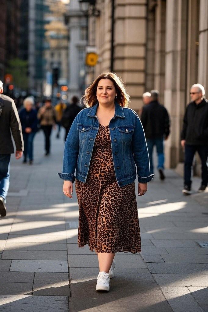 Leopard midi dress + white canvas sneakers + structured denim jacket