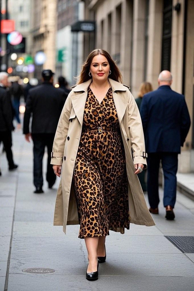 Classic Leopard Midi Dress - Neutral Trench Coat - Polished Loafers - Thin Hoop Earrings - Sleek Watch