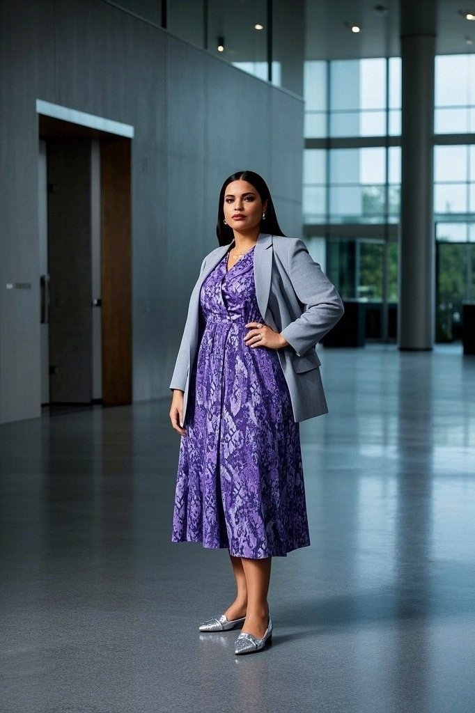 Ombre snake‑print midi + heather‑grey blazer + metallic loafers