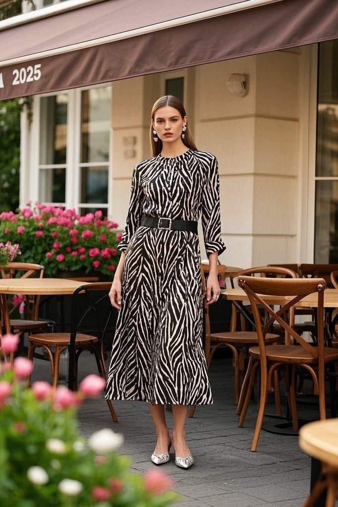 Zebra Print Maxi Dress With Subtle Pleats - Wide Statement Belt - Pointed-Toe Flats - Minimal Silver Jewelry