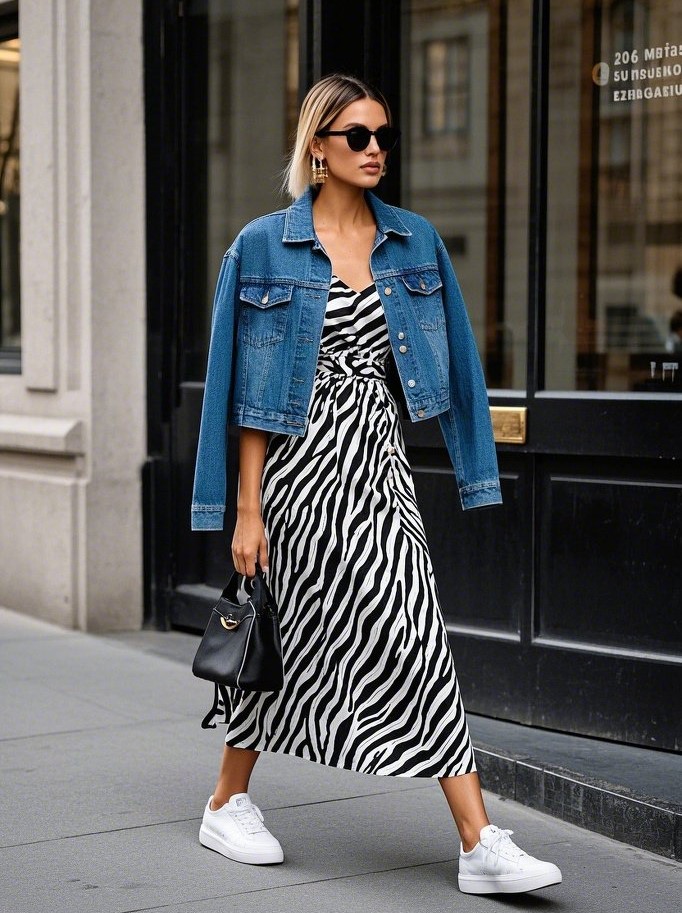2. Zebra Print Midi Dress + White Sneakers