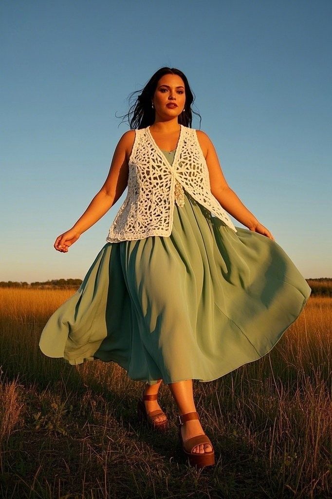 Flowy Maxi dress + Crochet Vest + Platform Sandals