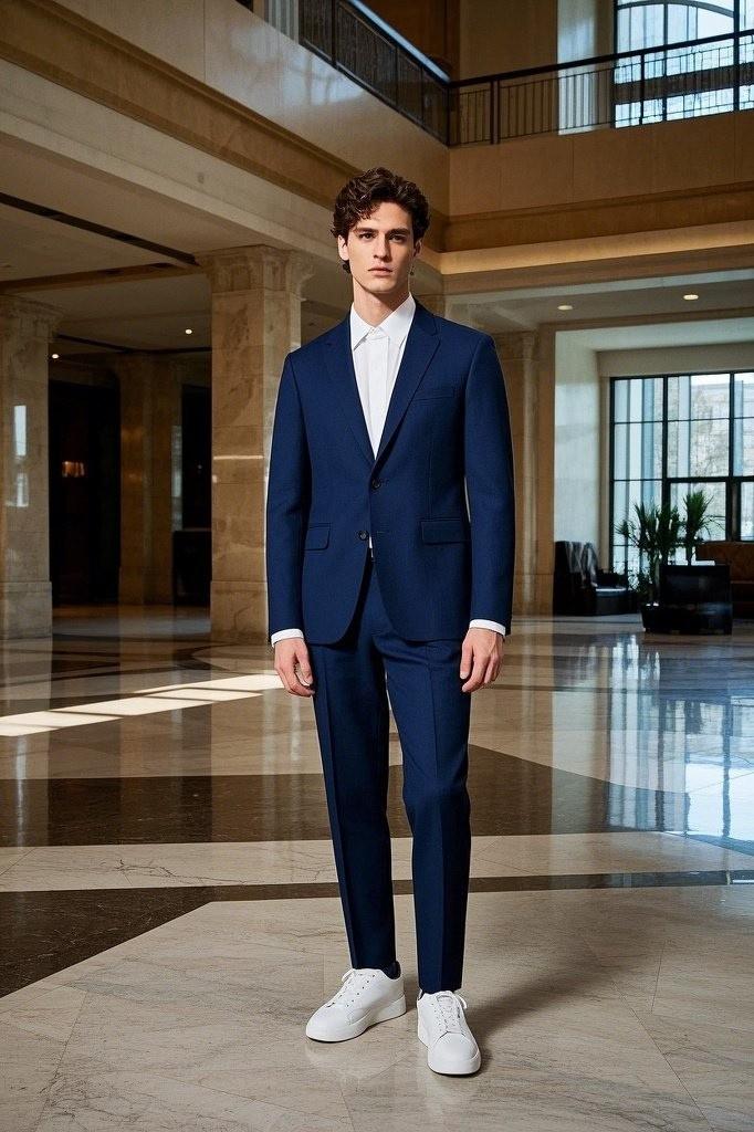 Navy Wool Suit + White Leather Lows