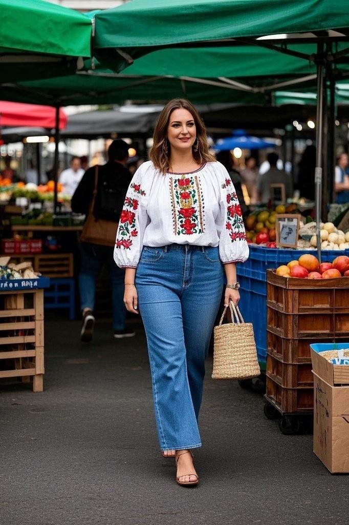 Peasant Blouse + Wide‑Leg Jeans + Wedge Espadrilles