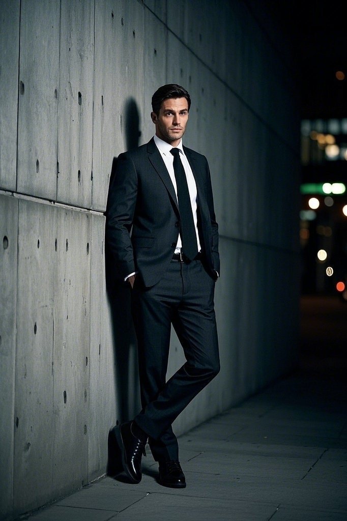 Charcoal Suit + Black Minimal Sneakers