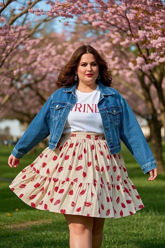 Tiered Midi Skirt + Graphic Band Tee + Denim Jacket