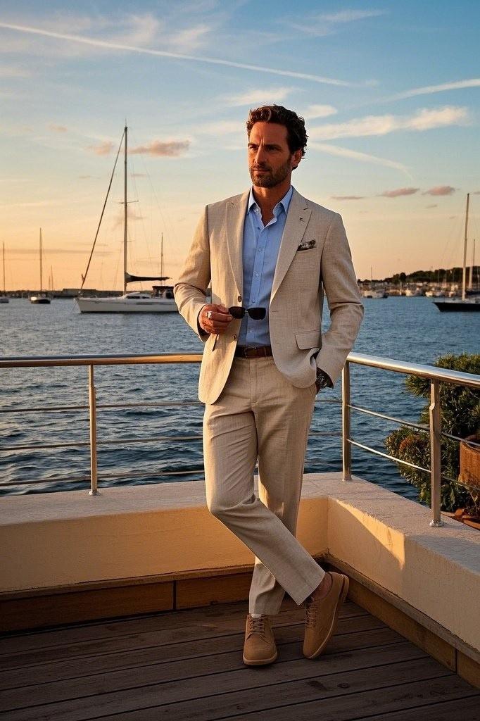 Light Linen Suit + Beige (or Pastel) Suede Sneakers