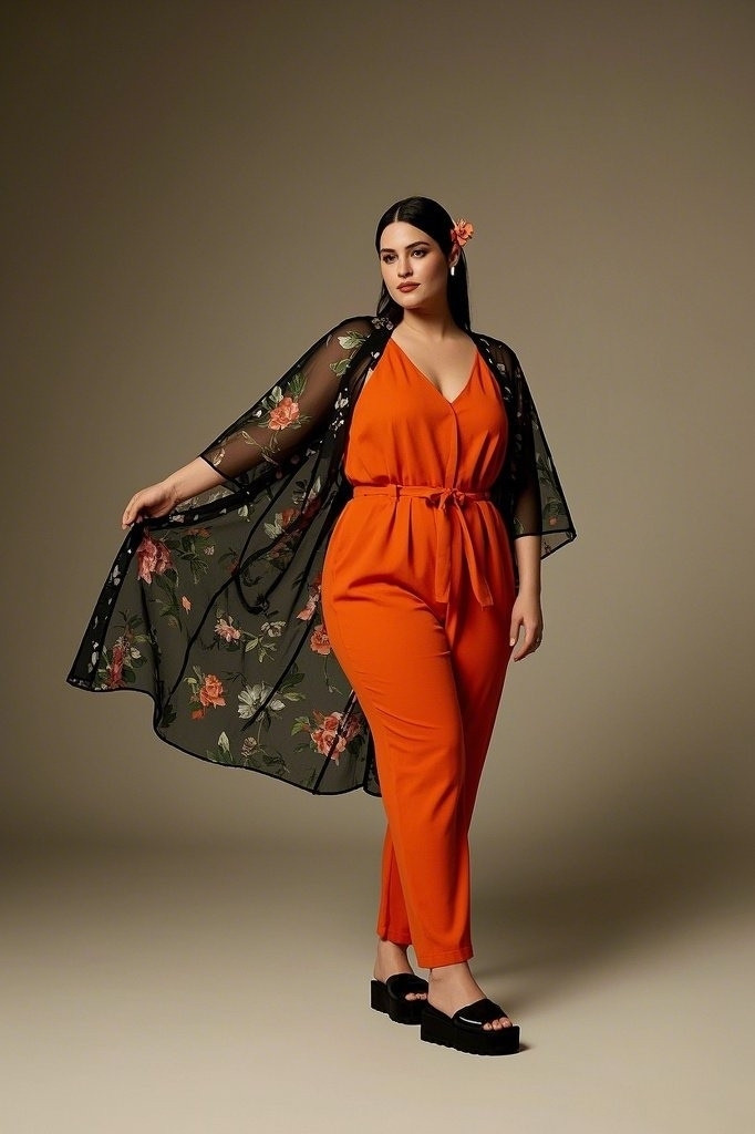 Jumpsuit with Tie Waist + Kimono + Chunky Slides