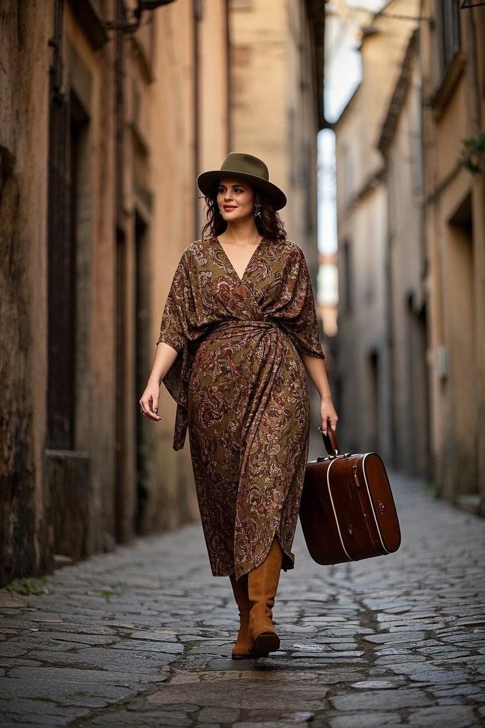 Boho Wrap Dress + Ankle Boots + Felt Fedora