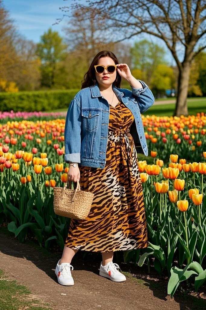 Flowing Tiger Print Sundress - Light-Wash Denim Jacket - White Canvas Sneakers - Woven Tote Bag - Oversized Sunglasses