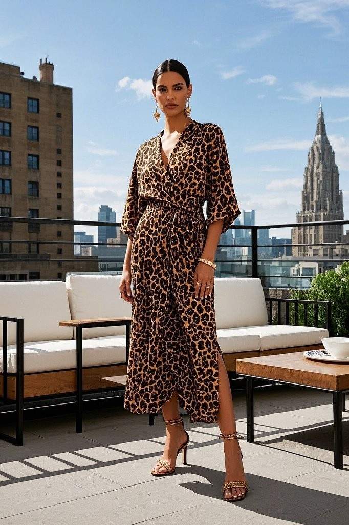 Cheetah Print Wrap Dress With A Tied Waist - Strappy Heeled Sandals - Chunky Gold Bangles - Oversized Earrings