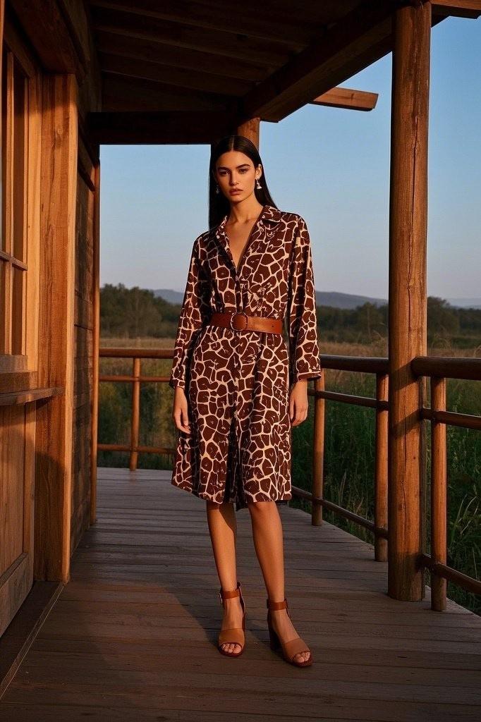 Giraffe‑spot shirtdress + tan block‑heel mules + braided belt