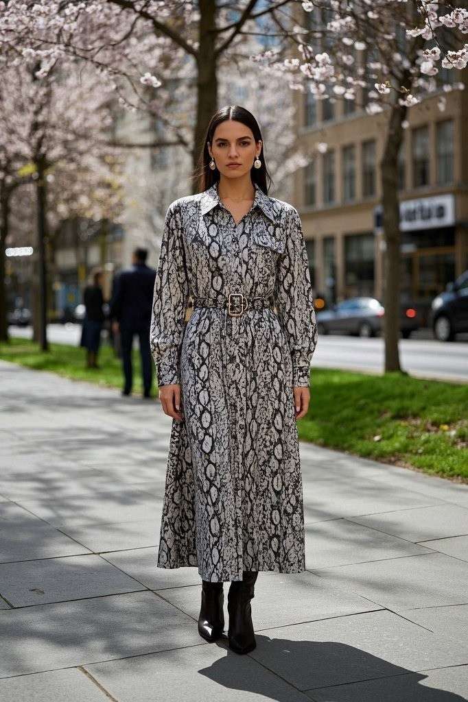 Snake Print Knee-Length Shirt Dress With Button-Down Front - Slim Belt - Knee-High Leather Boots - Simple Drop Earrings