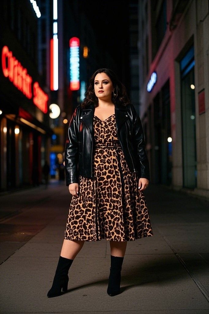 Cheetah fit‑and‑flare + black leather jacket + point‑toe ankle boots