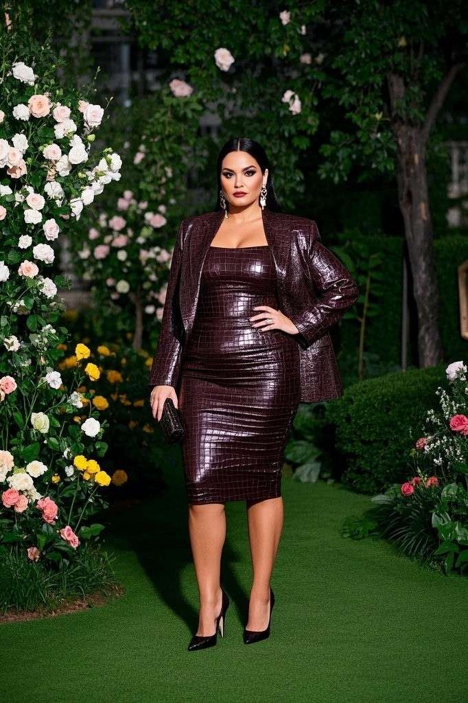 Crocodile-Inspired Bodycon Dress - Cropped Tailored Jacket - Stiletto Heels - Geometric Statement Earrings - Structured Mini Clutch