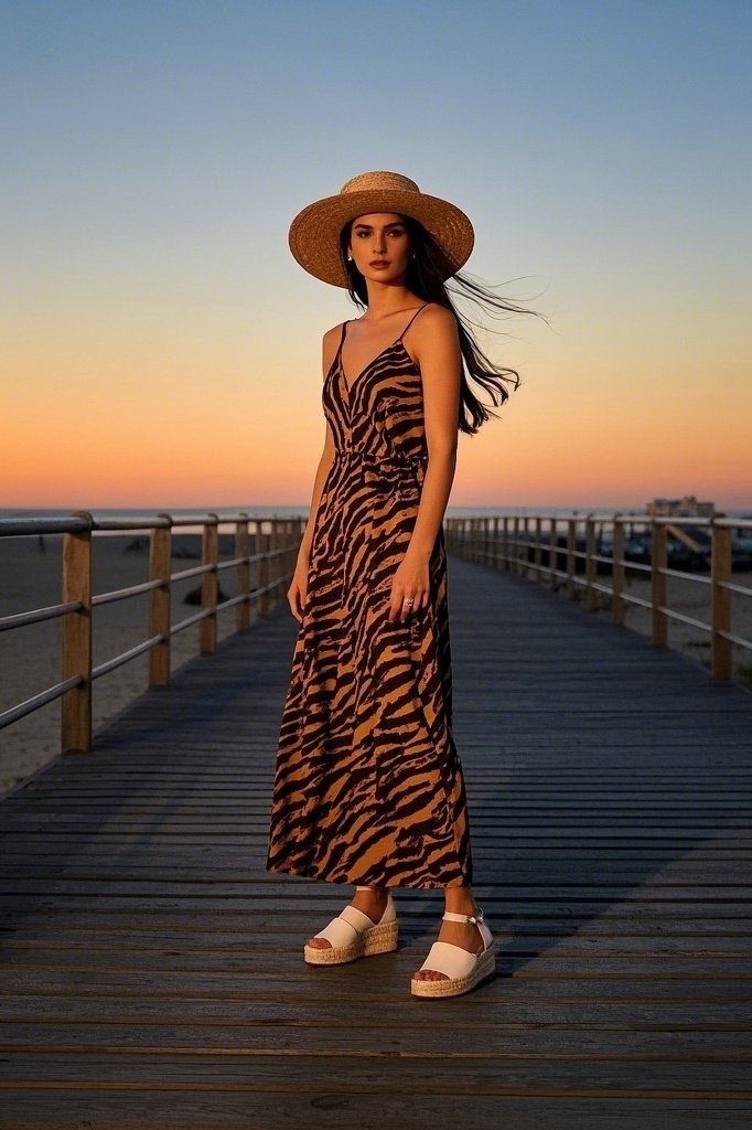 Tiger‑stripe maxi + platform espadrilles + straw hat