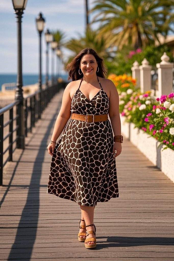 Giraffe Print Halter Dress With A Flared Skirt - Coordinating Waist Belt - Platform Sandals - Wooden Cuff Bracelet