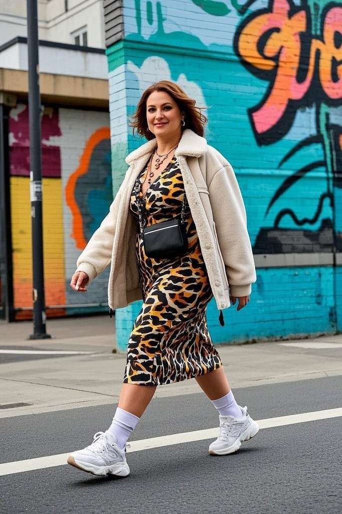 Abstract Animal Print Midi Dress With Vivid Splashes - Chunky White Sneakers - Lightweight Bomber Jacket - Layering Delicate Necklaces - Belt Bag