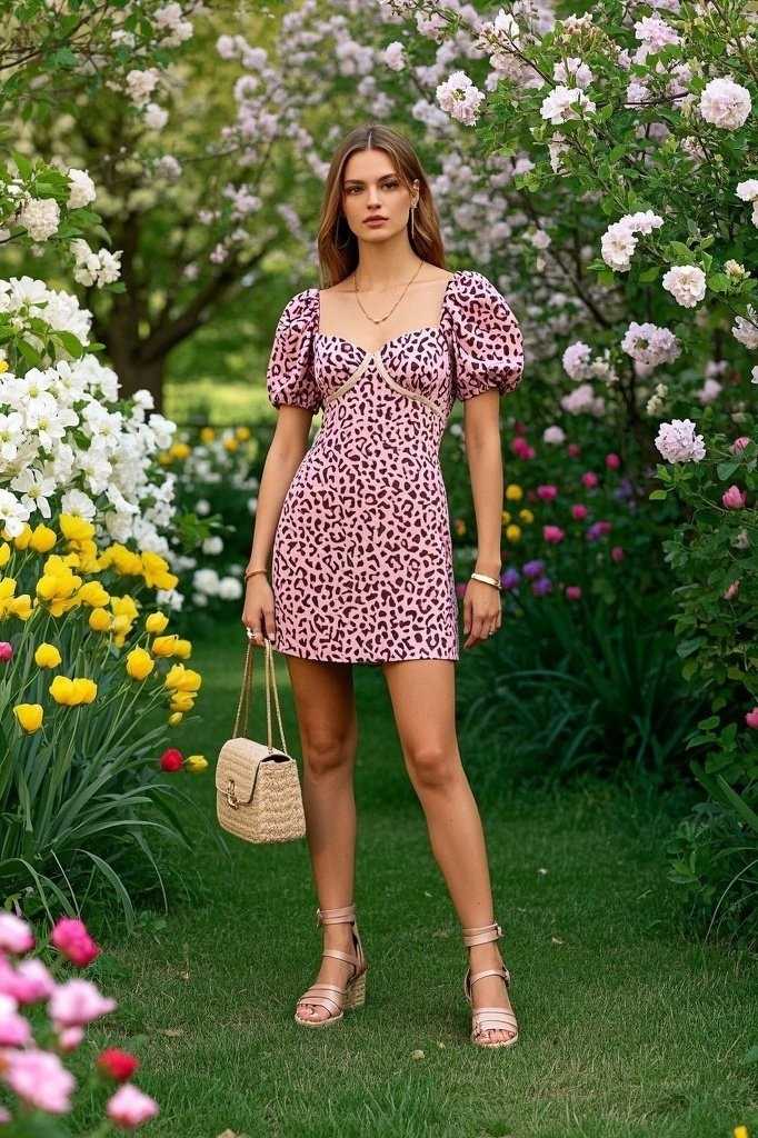 Pastel Leopard Mini Dress With Short Puff Sleeves - Espadrille Wedges - Delicate Gold Bracelet - Small Matching Shoulder Bag