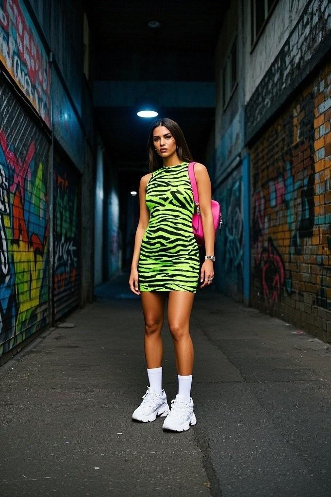 Neon zebra bodycon + chunky dad sneakers + micro backpack