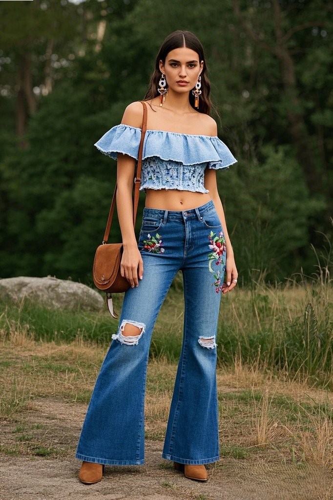 5. Boho Denim: Distressed, Embroidered, or Flared