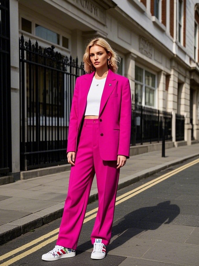 2. Color Pop Suits with Statement Sneakers