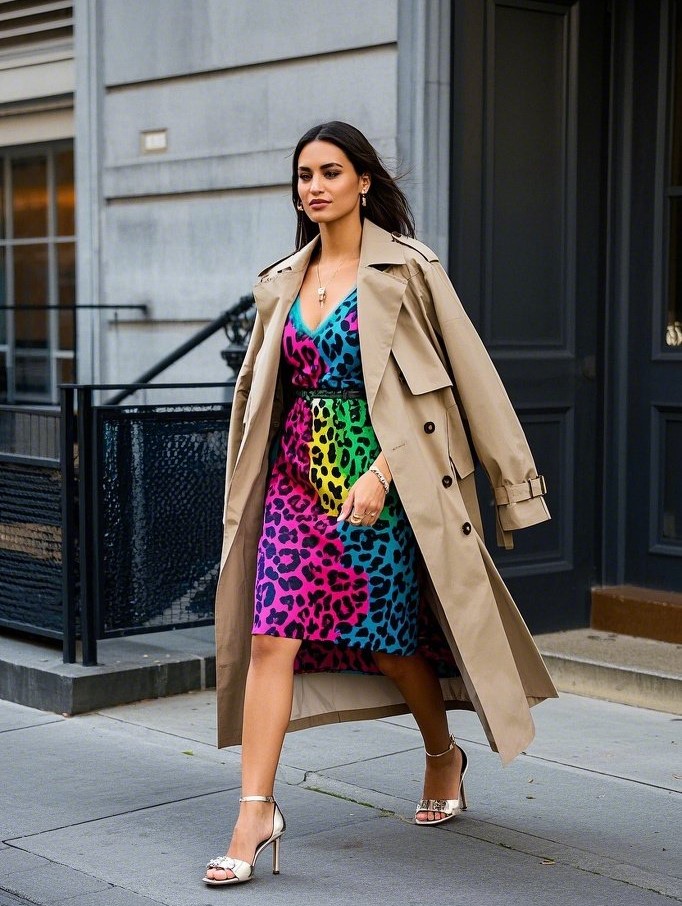 4. Colorful Leopard Dress + Neutral Layers