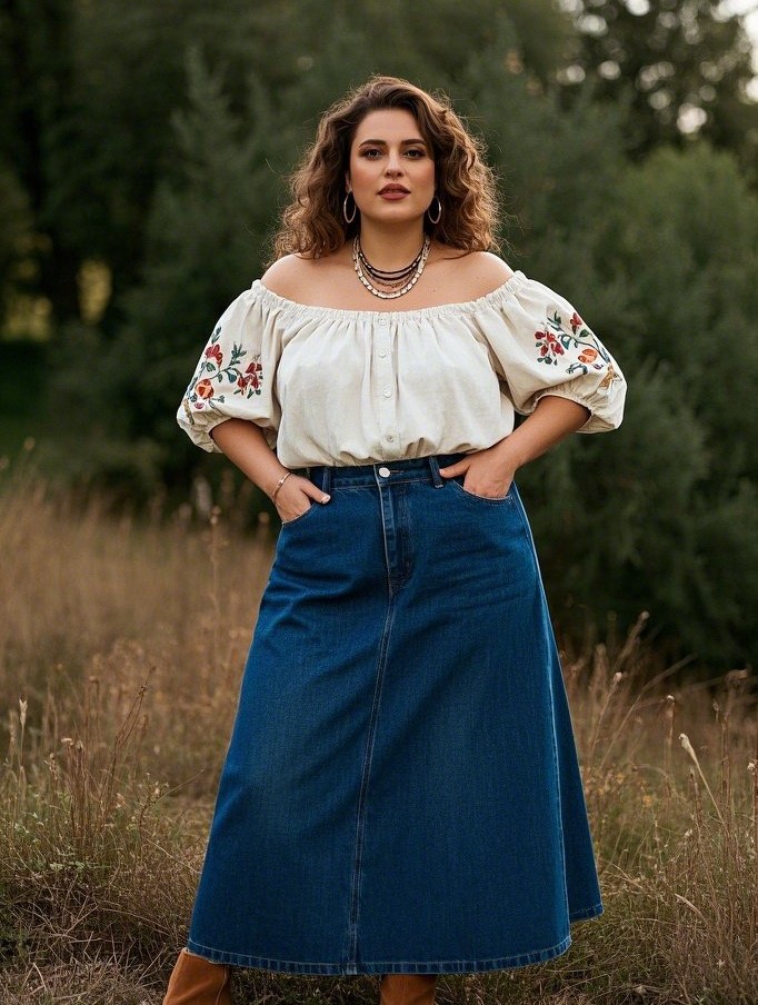 4. Peasant Tops + Denim Skirts