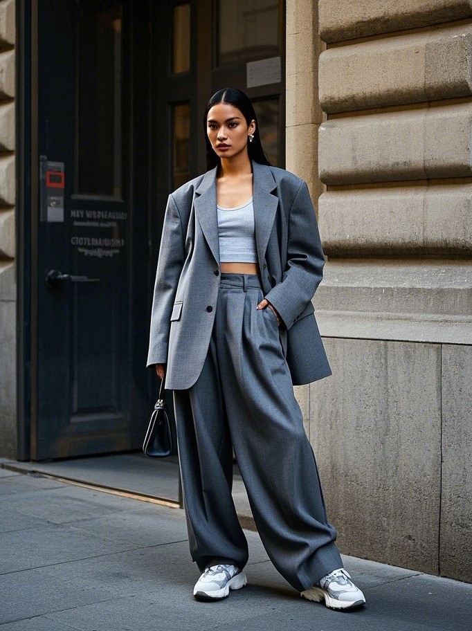 3. Slouchy Suits with Chunky Sneakers