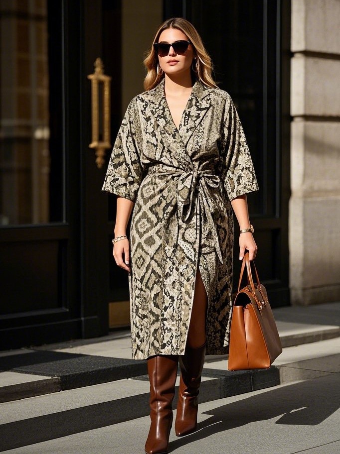 3. Snake Print Wrap Dress + Knee-High Boots