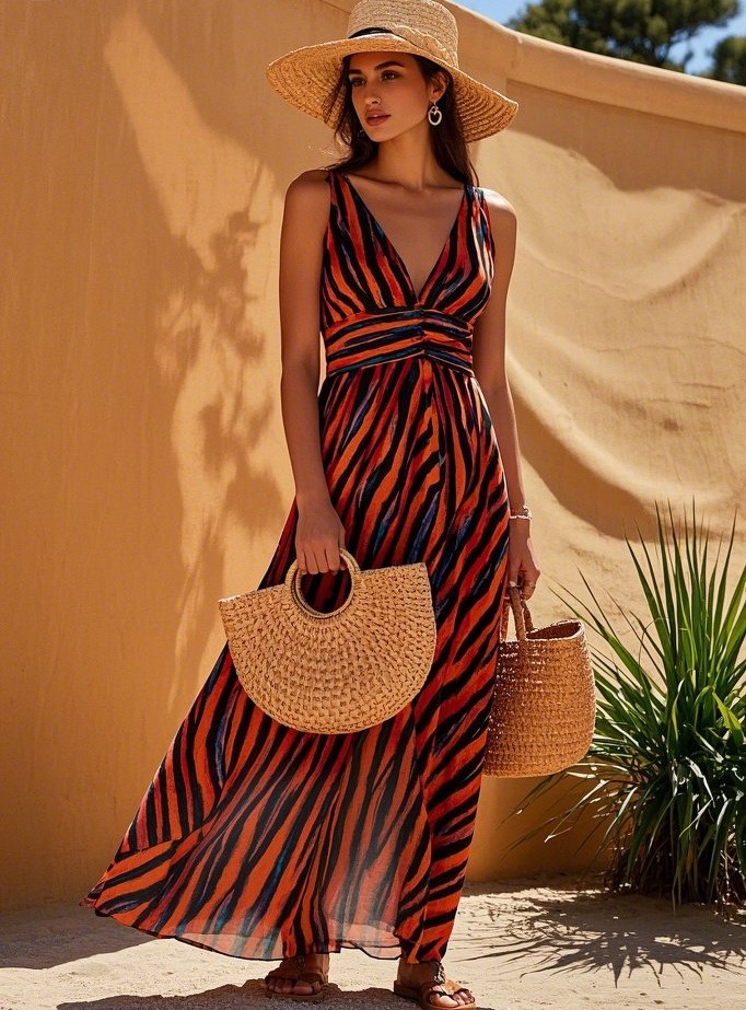 5. Tiger Print Maxi Dress + Woven Accessories