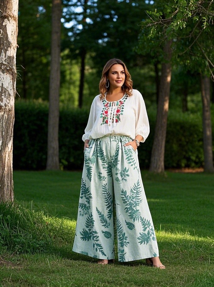 2. Wide-Leg Pants with a Peasant Blouse