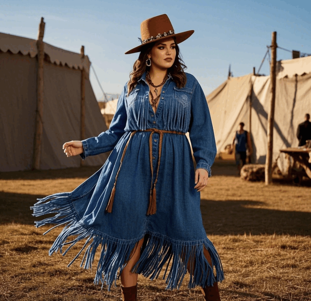 Denim Boho Dress with Fringe