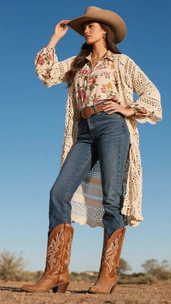 Felt Rancher Hat + Crochet Lace Duster + Floral Blouse + High-Rise Flare Jeans + Tooled Leather Belt + Cut-Out Western Booties