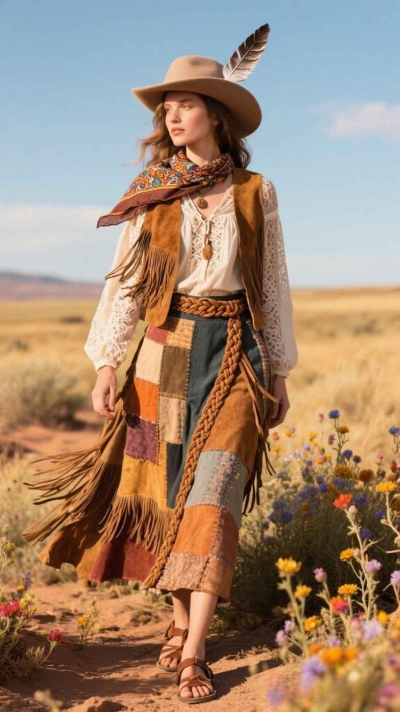 Feathered Felt Hat + Paisley Neck Scarf + Lace Peasant Blouse + Suede Fringe Vest + Patchwork Maxi Skirt + Braided Leather Sandals