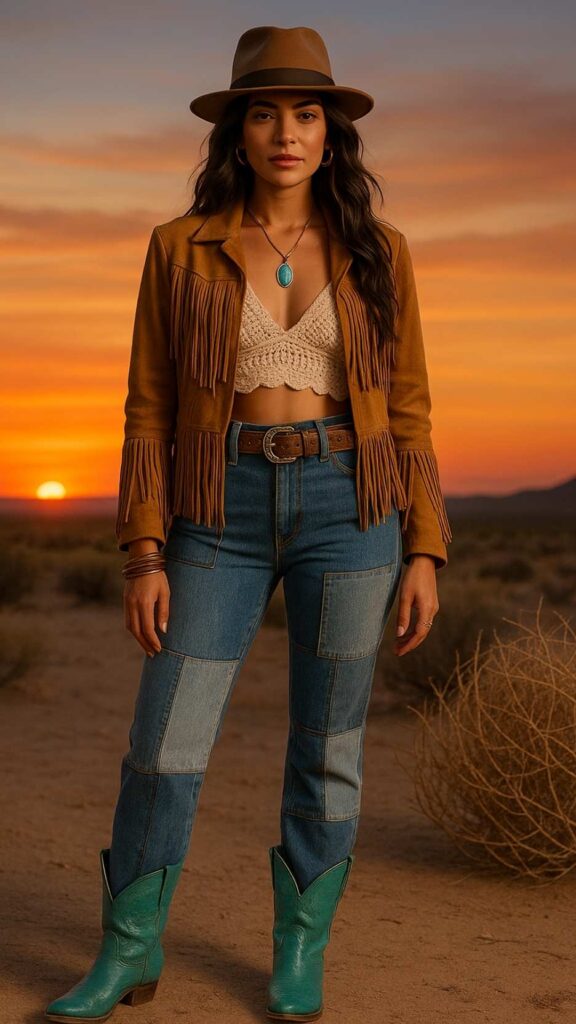 Sun-Baked Fedora + Fringe Suede Jacket + Crochet Bralette + Tooled Leather Belt + Patchwork Flare Jeans + Turquoise Cowgirl Boots