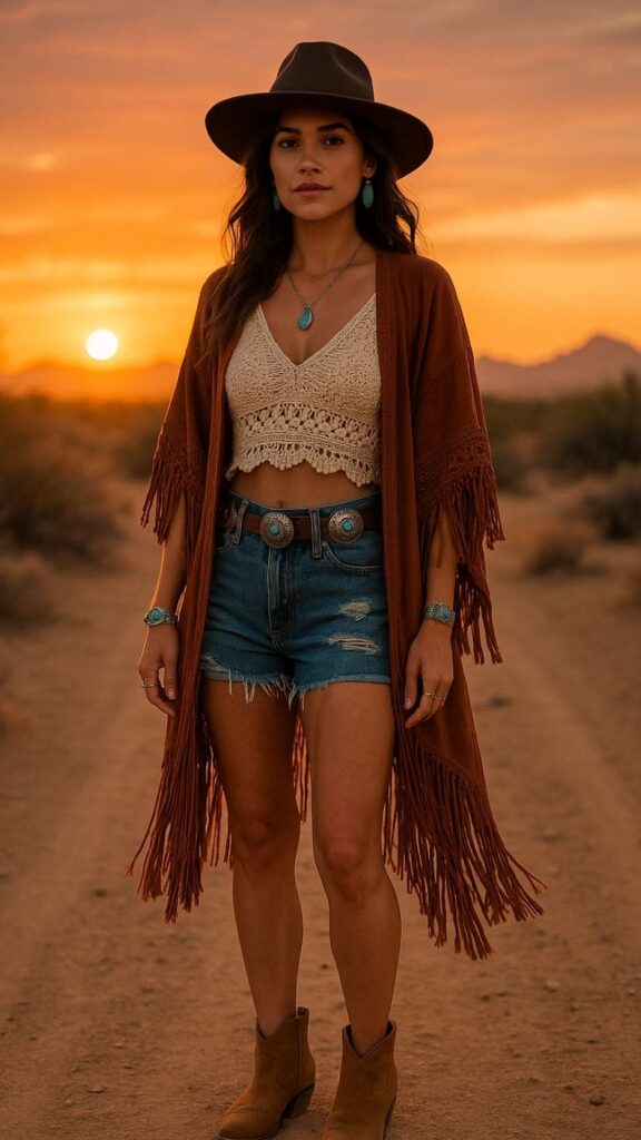 Wide-Brim Felt Hat + Fringe Kimono + Crochet Crop Top + Concho Belt + Distressed Denim Shorts + Ankle Cowboy Boots