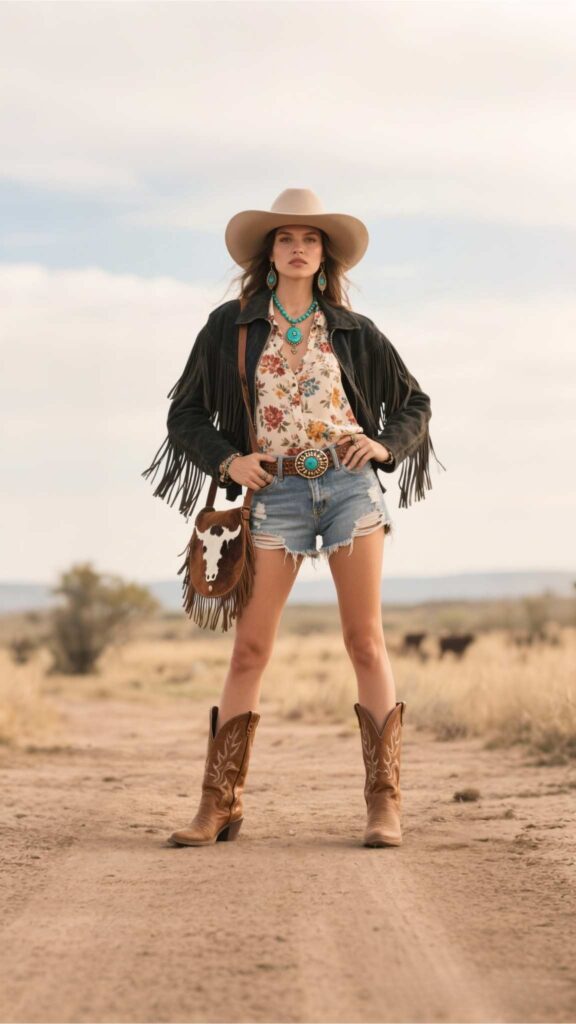 Wide-Brim Felt Hat + Fringed Suede Jacket + Floral Blouse + Concho Belt + Distressed Denim Shorts + Turquoise Necklace + Wrist Cuff + Antique Rings + Cowhide Saddle Bag + Snip-Toe Boots