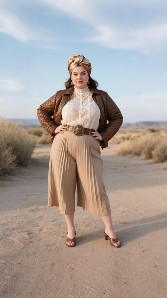 Silk Scarf Turban + Quilted Western Jacket + Lace High-Neck Blouse + Pleated Culottes + Embossed Belt + Pointed Toe Mules