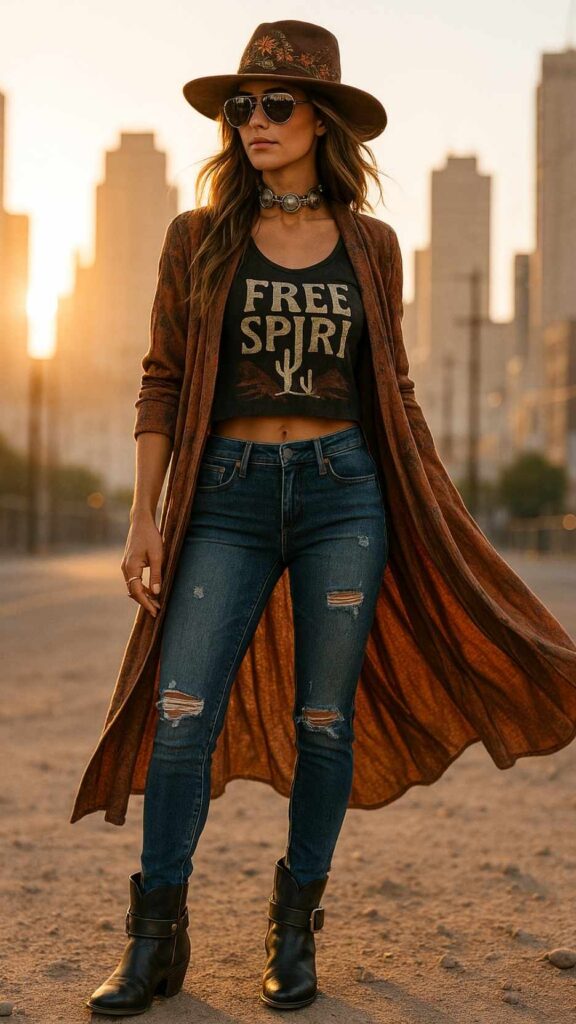 Embroidered Suede Hat + Silver Concho Choker + Boho Duster Coat + Crop Graphic Tank + Distressed Skinny Jeans + Buckle Strap Boots