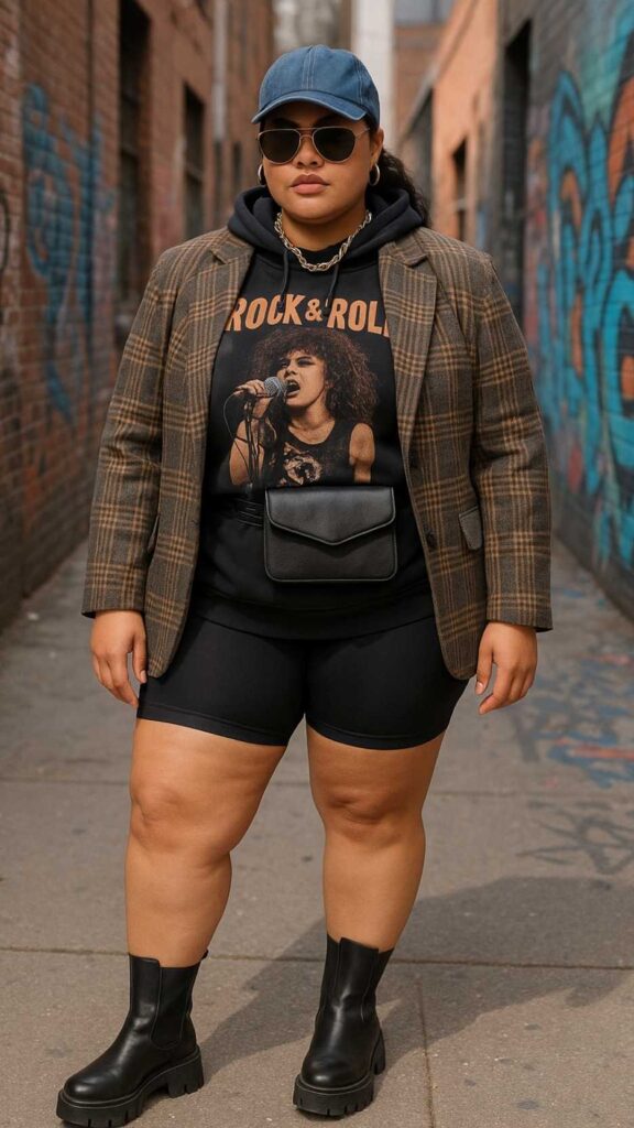 Distressed Denim Cap + Plaid Blazer + Vintage Graphic Hoodie + Statement Belt Bag + Stretch Biker Shorts + Lug-Sole Western Boots