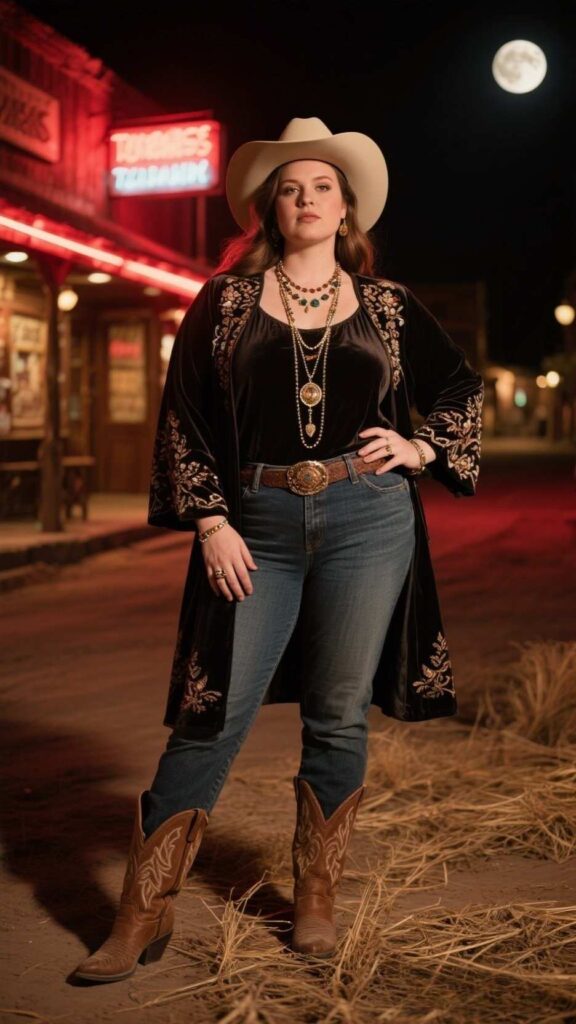 Vintage Stetson + Embroidered Leather Duster + Burnout Velvet Tunic + Layered Necklaces + Black Bootcut Jeans + Retro Stitch Boots