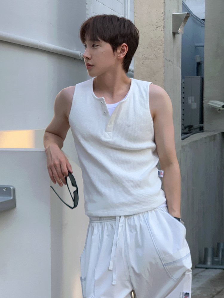 Tousled Fringe + White Henley Tank + Inner White Vest Layer + Drawstring White Cargo Joggers + Black Wayfarer Sunglasses