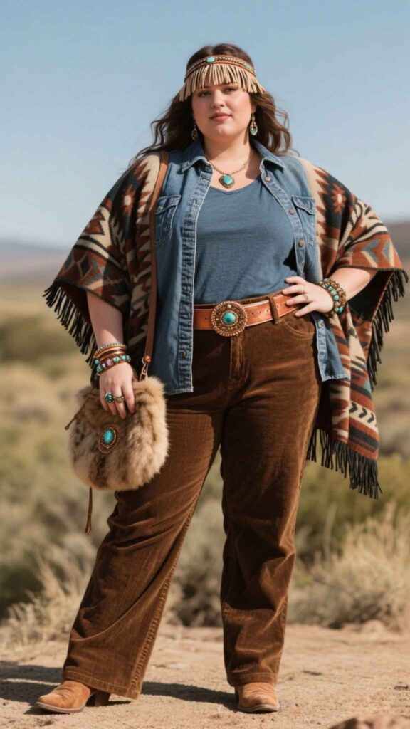 Suede Fringe Headpiece + Aztec Poncho + Chambray Shacket + Jersey Tee + Corduroy Pants + Copper Belt + Gemstone Bracelets + Fur Saddle Pouch + Boot Cuffs + Buckaroo Boots