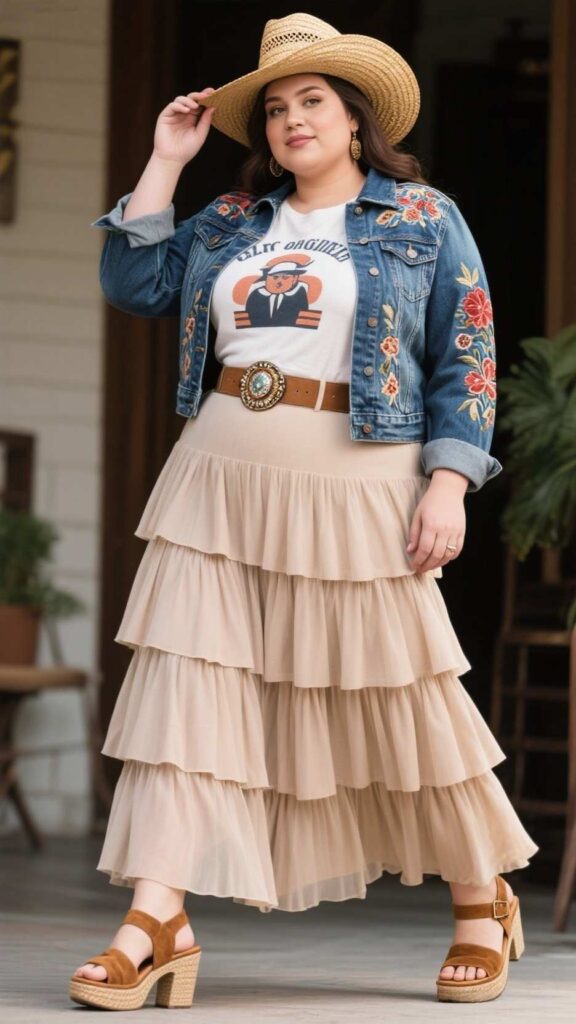 Straw Gambler Hat + Embroidered Denim Jacket + Graphic Tee + Tiered Maxi Skirt + Concho Belt + Suede Platform Sandals