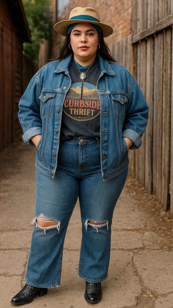 Woven Panama + Beaded Headband + Graphic Tee + Oversized Denim Jacket + Distressed Bootcut Jeans + Studded Ankle Boots