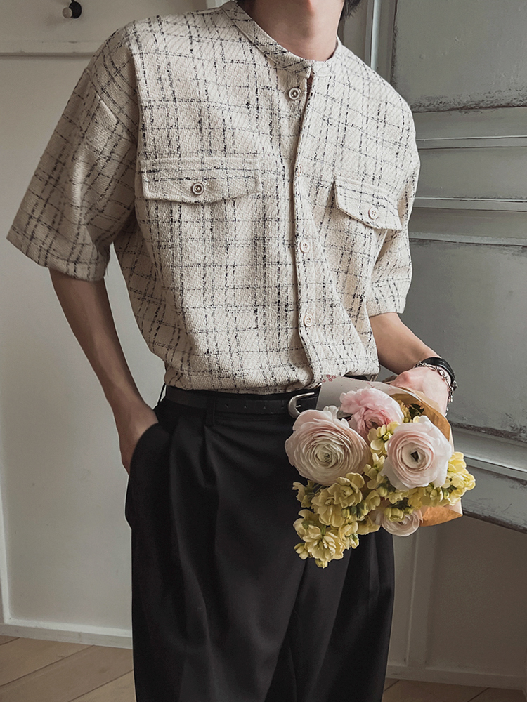 Crew Crop + Cream Grid Band-Collar Shirt + Slim Black Belt + Fluid Black Pleated Trousers