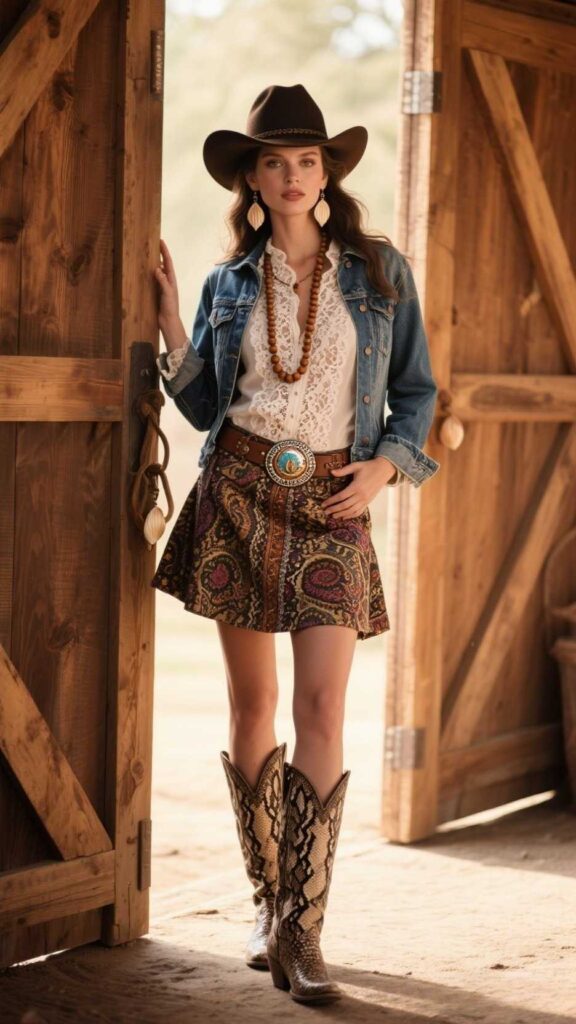 Straw Gambler Hat + Embroidered Denim Trucker + Lace Peasant Blouse + Concho Belt + Paisley Maxi Skirt + Snakeskin Western Boots