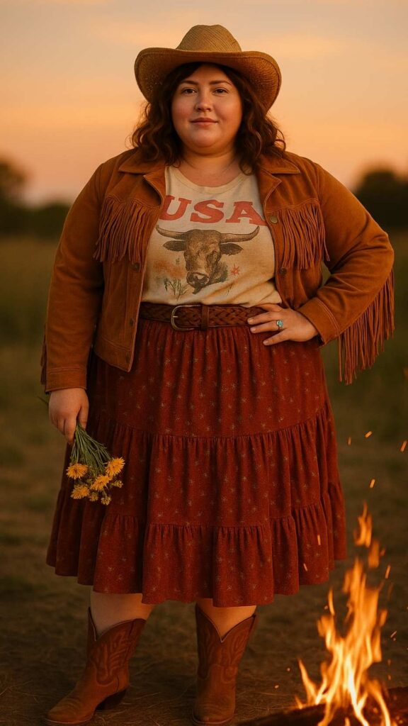 Straw Gambler Hat + Suede Fringe Jacket + Graphic Tee + Braided Leather Belt + Maxi Prairie Skirt + Snip-Toe Boots